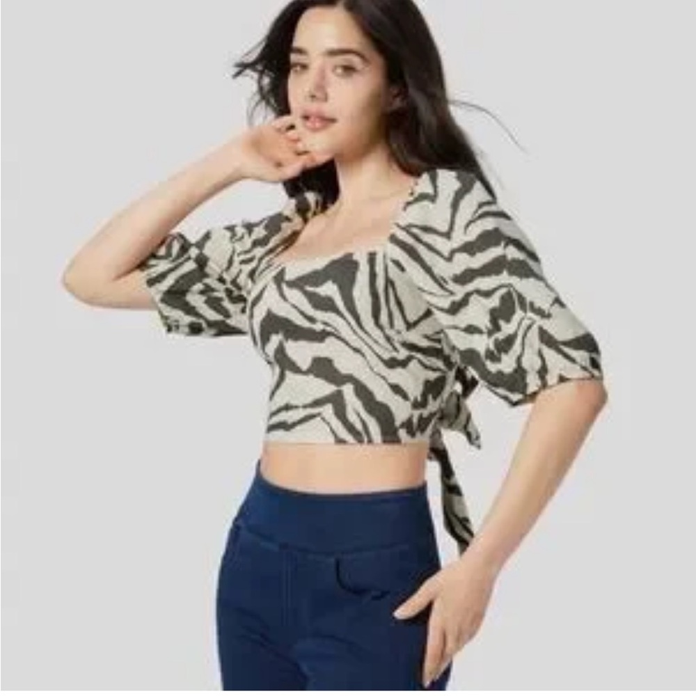 HALARA NWT Boho Beach Zebra Puff SLV Tie Back Square Neck Brown/Tan Crop Top XL - Picture 2 of 16